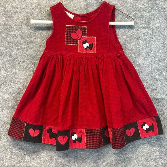 Vtg SAMARA Dress Girls 2T Red Heart Scottie Dog Polka Dot Corduroy Embroidery - Picture 1 of 15